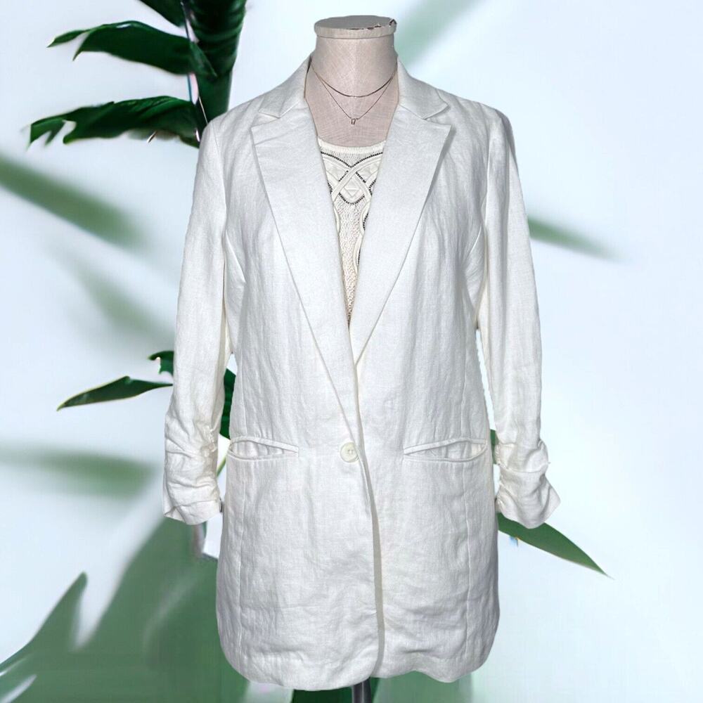 MICHAEL KORS 100% Linen Cream Blazer Gathered Sleeve One-Button Standard Notch 6